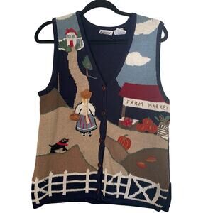 Vintage Sweater Vest Farmers Market Cottage Core Fall Pumpkins Womens Small